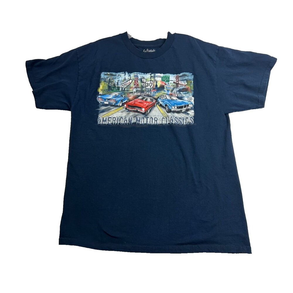 Lifestyle Classics T Shirt Mens L Retro American Motor Cars Graphic Navy